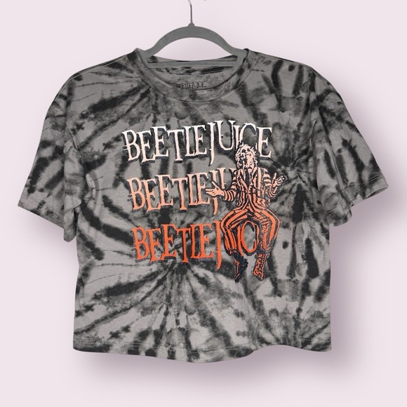 Beetlejuice Tops - Beetlejuice Black and Grey Tie Dye Sparkly Graphic Crop Top Large